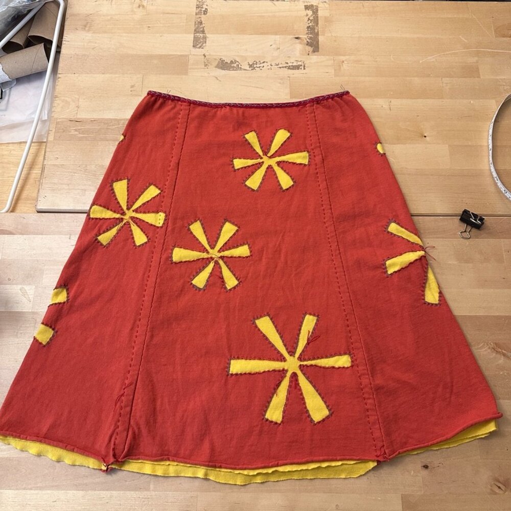 Skirt, handmade from recycled tees by local artist, medium, orange and yellow